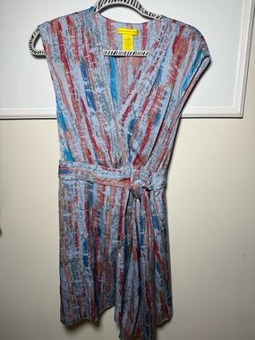 Catherine Malandrino Blue, Red & Rust Striped Wrap Midi Dress